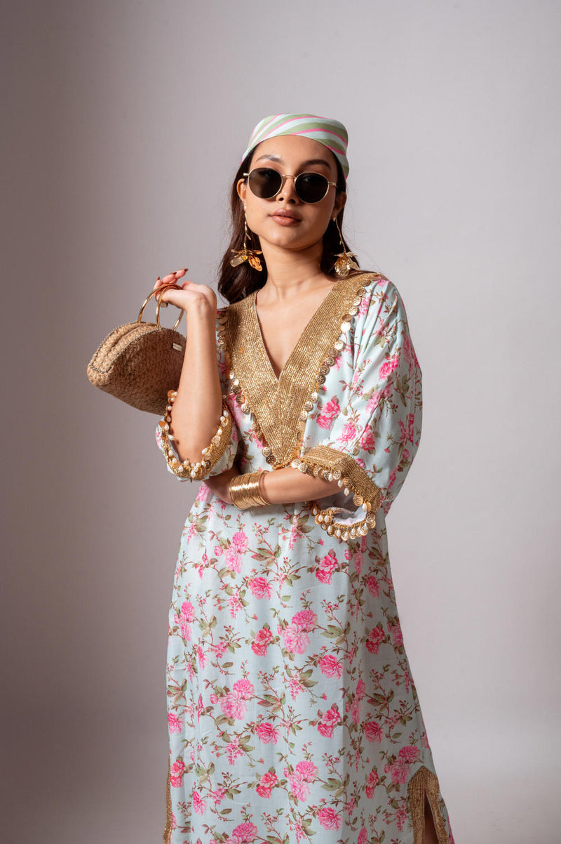 Linen digital print aqua green kaftan dress-Aqua green and Pink linen Buy Linen digital print aqua green kaftan dress-Aqua green and Pink from C&W | Tunics And Kaftan for Women by Maison Shefali for women in Singapore