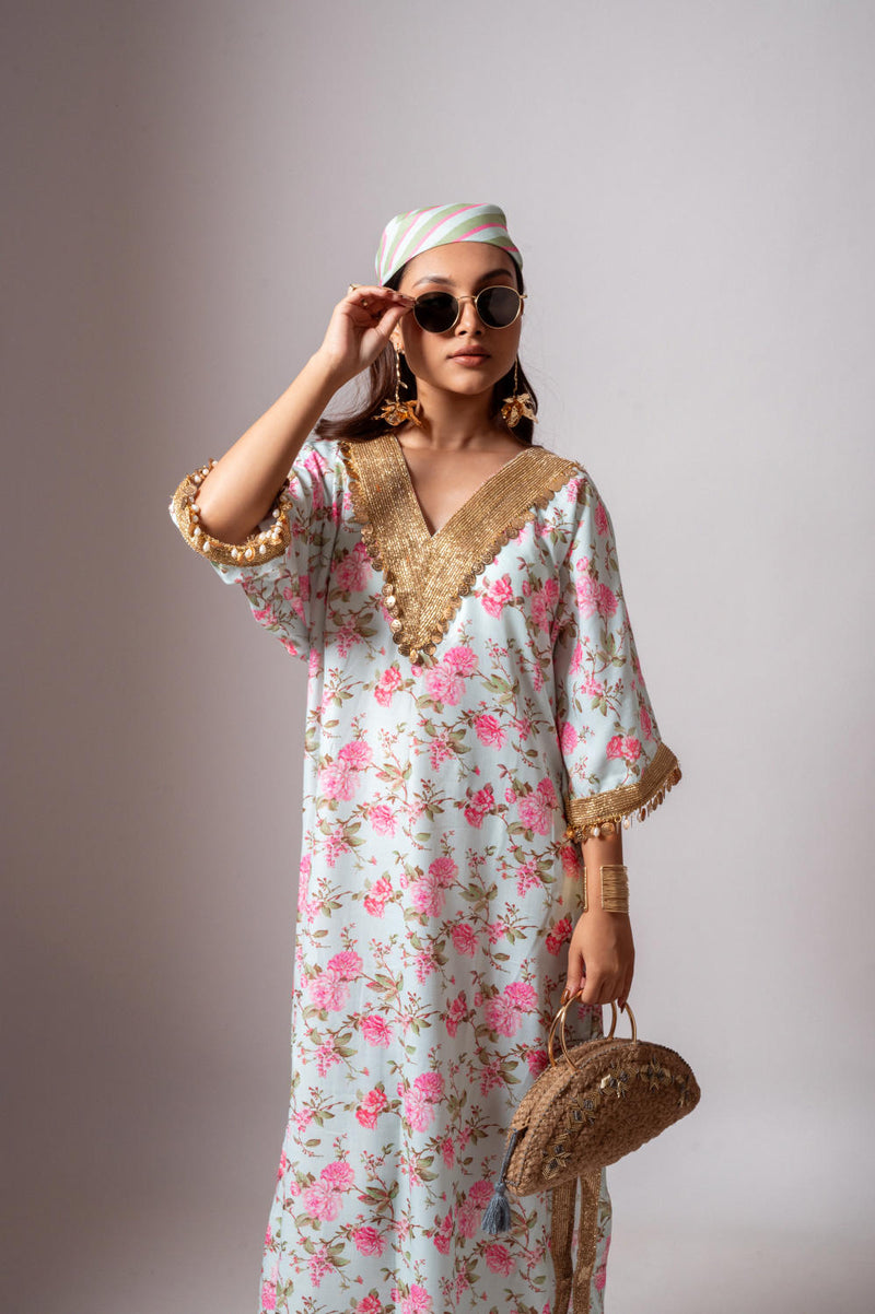 Linen digital print aqua green kaftan dress-Aqua green and Pink linen Buy Linen digital print aqua green kaftan dress-Aqua green and Pink from C&W | Tunics And Kaftan for Women by Maison Shefali for women in Singapore