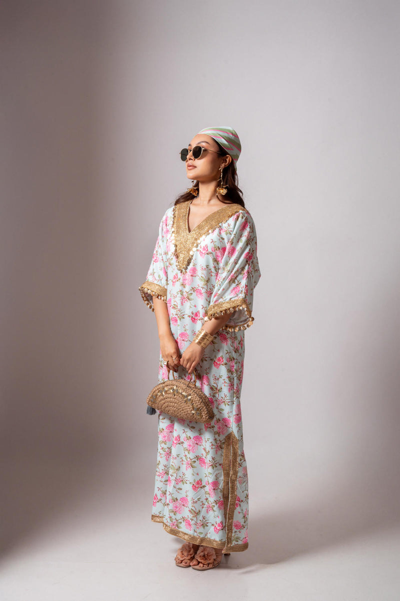 Linen digital print aqua green kaftan dress-Aqua green and Pink linen Buy Linen digital print aqua green kaftan dress-Aqua green and Pink from C&W | Tunics And Kaftan for Women by Maison Shefali for women in Singapore