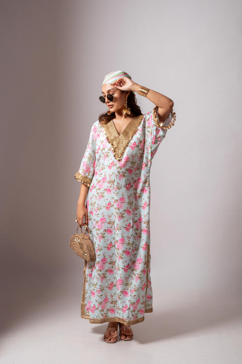 Linen digital print aqua green kaftan dress-Aqua green and Pink linen Buy Linen digital print aqua green kaftan dress-Aqua green and Pink from C&W | Tunics And Kaftan for Women by Maison Shefali for women in Singapore
