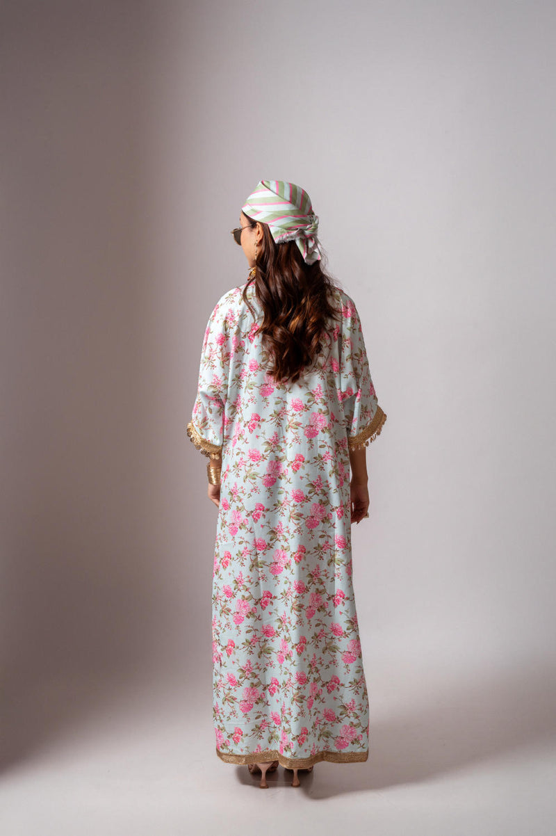 Linen digital print aqua green kaftan dress-Aqua green and Pink linen Buy Linen digital print aqua green kaftan dress-Aqua green and Pink from C&W | Tunics And Kaftan for Women by Maison Shefali for women in Singapore