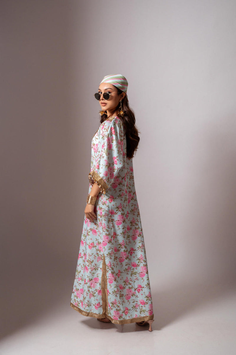 Linen digital print aqua green kaftan dress-Aqua green and Pink linen Buy Linen digital print aqua green kaftan dress-Aqua green and Pink from C&W | Tunics And Kaftan for Women by Maison Shefali for women in Singapore