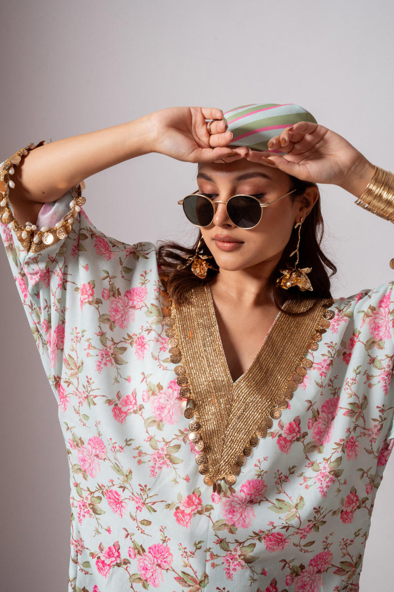 Linen digital print aqua green kaftan dress-Aqua green and Pink linen Buy Linen digital print aqua green kaftan dress-Aqua green and Pink from C&W | Tunics And Kaftan for Women by Maison Shefali for women in Singapore