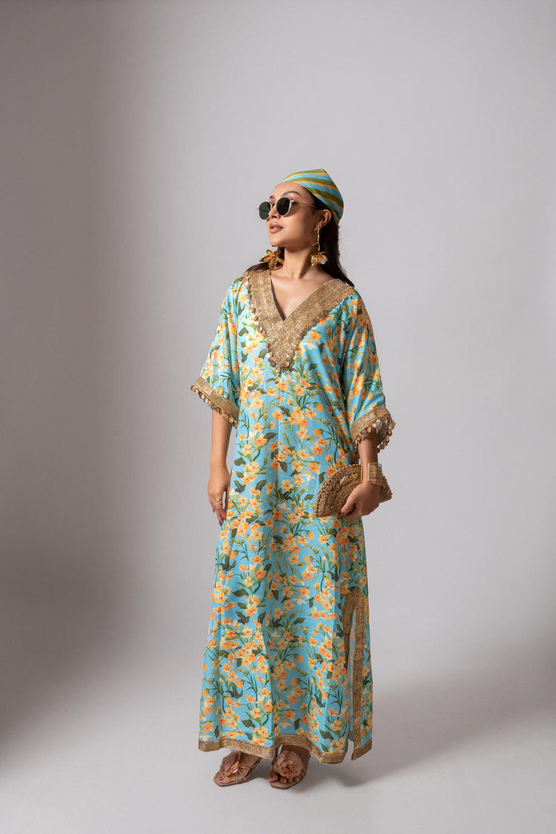 Linen digital print aqua kaftan dress-Aqua and yellow linen Buy Linen digital print aqua kaftan dress-Aqua and yellow from C&W | Tunics And Kaftan for Women by Maison Shefali for women in Singapore
