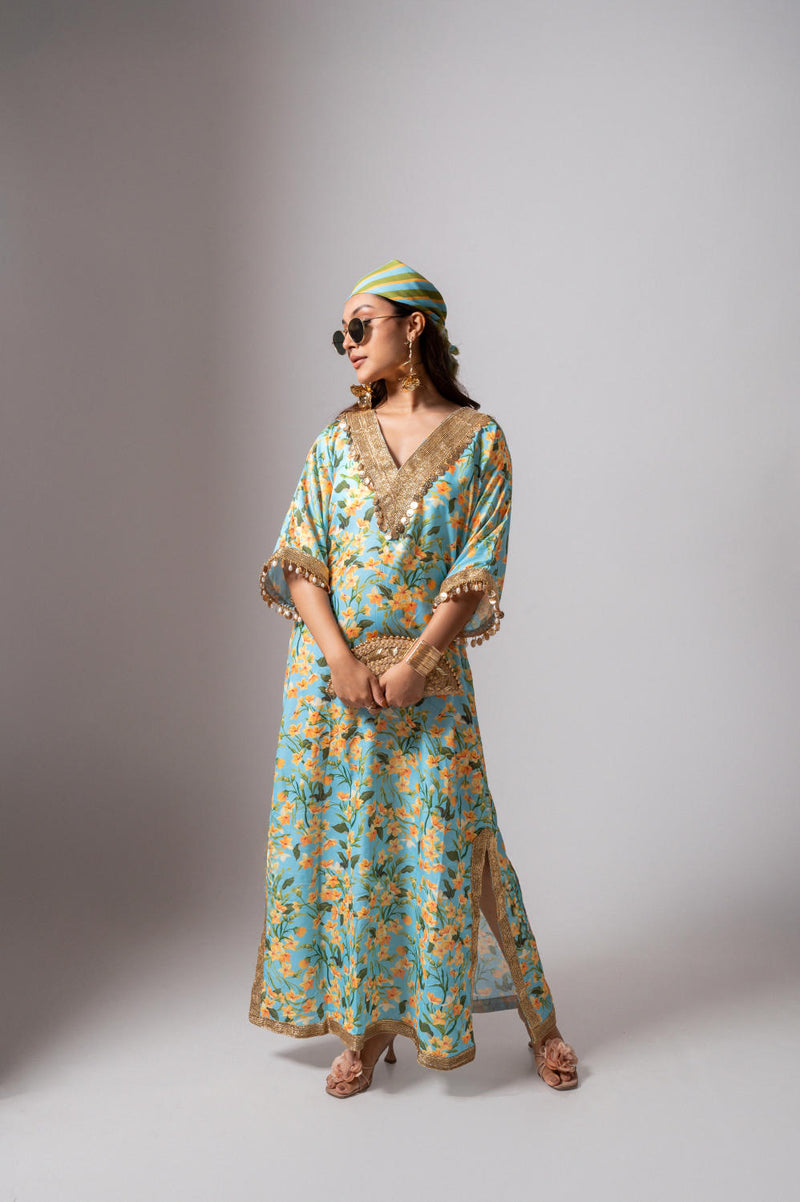 Linen digital print aqua kaftan dress-Aqua and yellow linen Buy Linen digital print aqua kaftan dress-Aqua and yellow from C&W | Tunics And Kaftan for Women by Maison Shefali for women in Singapore