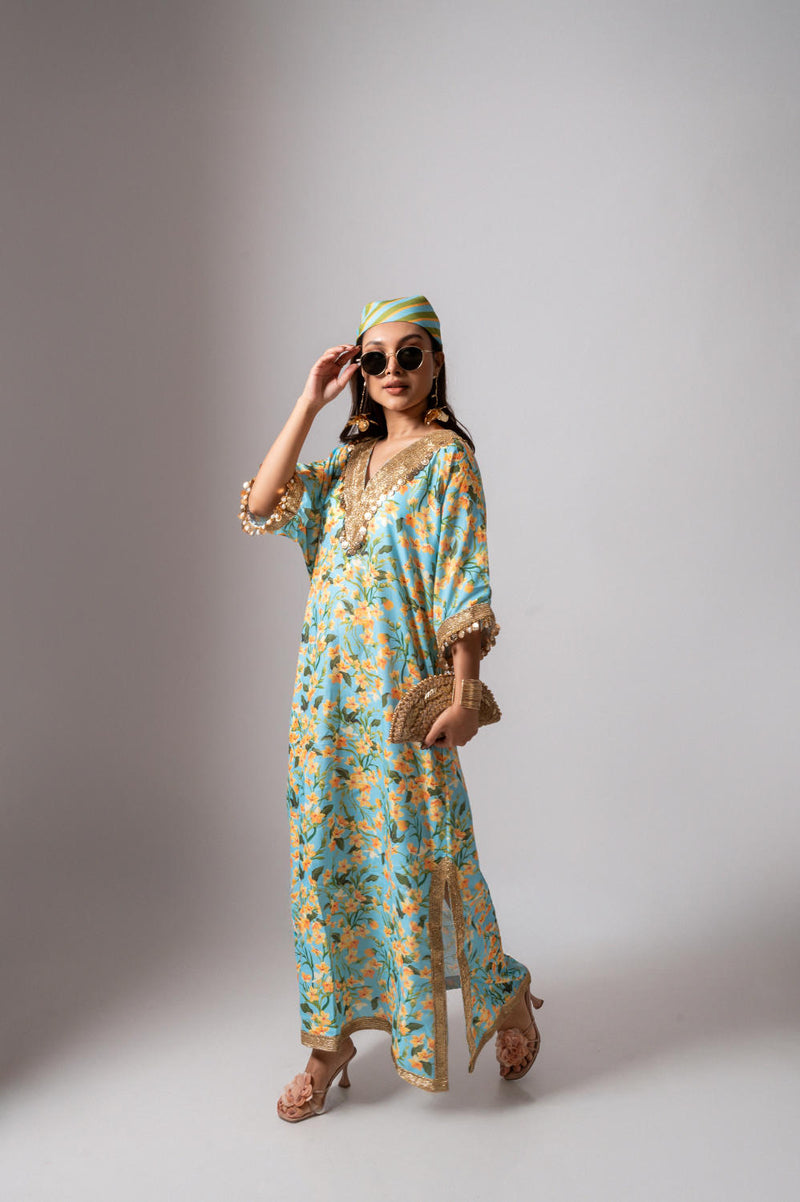 Linen digital print aqua kaftan dress-Aqua and yellow linen Buy Linen digital print aqua kaftan dress-Aqua and yellow from C&W | Tunics And Kaftan for Women by Maison Shefali for women in Singapore