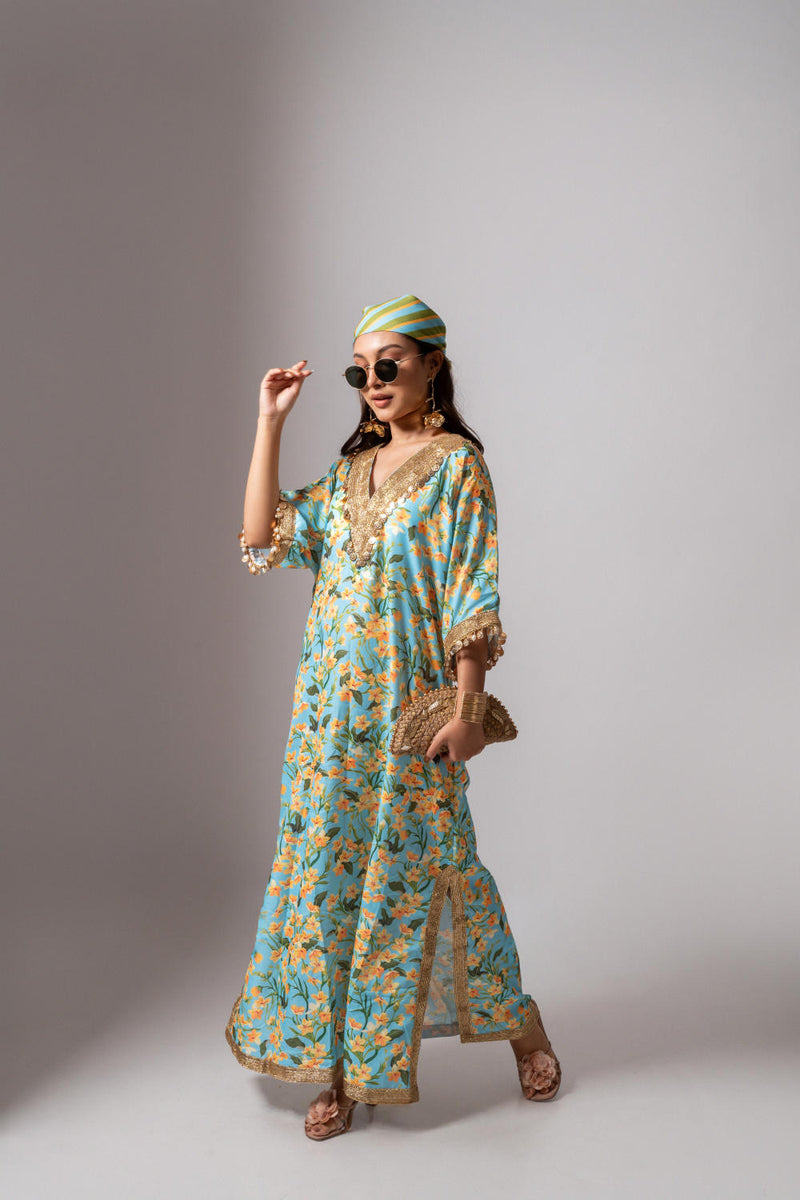 Linen digital print aqua kaftan dress-Aqua and yellow linen Buy Linen digital print aqua kaftan dress-Aqua and yellow from C&W | Tunics And Kaftan for Women by Maison Shefali for women in Singapore
