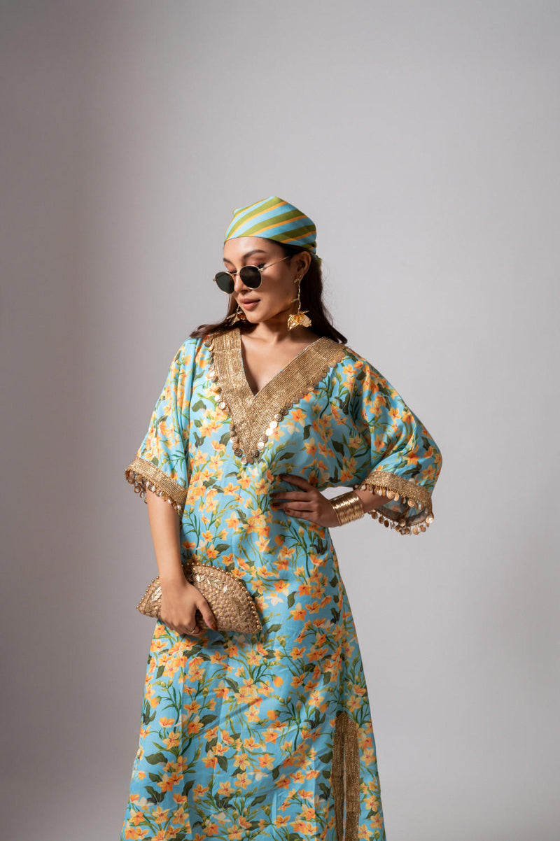Linen digital print aqua kaftan dress-Aqua and yellow linen Buy Linen digital print aqua kaftan dress-Aqua and yellow from C&W | Tunics And Kaftan for Women by Maison Shefali for women in Singapore