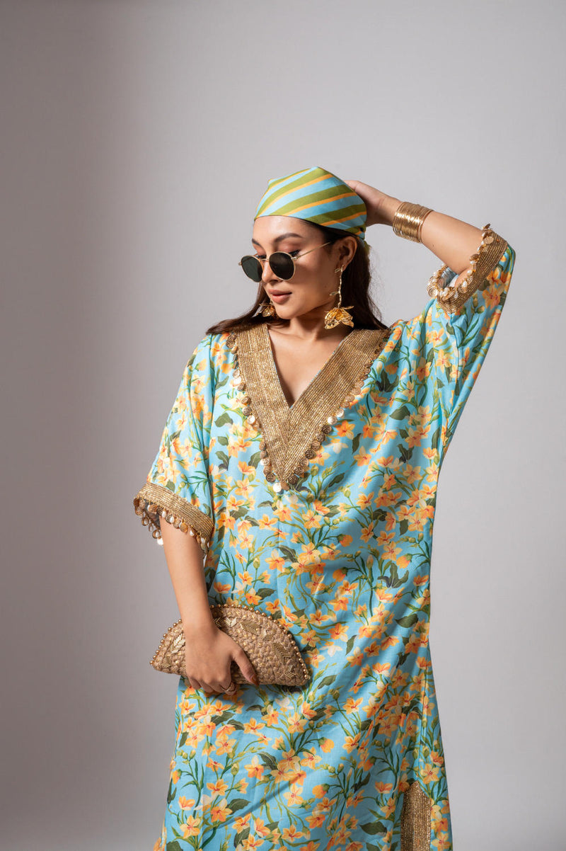 Linen digital print aqua kaftan dress-Aqua and yellow linen Buy Linen digital print aqua kaftan dress-Aqua and yellow from C&W | Tunics And Kaftan for Women by Maison Shefali for women in Singapore