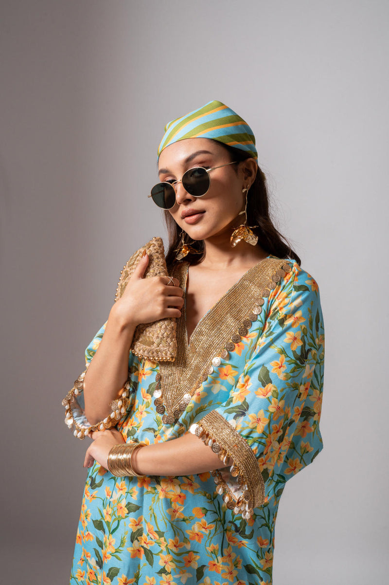 Linen digital print aqua kaftan dress-Aqua and yellow linen Buy Linen digital print aqua kaftan dress-Aqua and yellow from C&W | Tunics And Kaftan for Women by Maison Shefali for women in Singapore