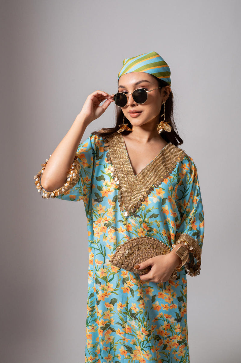 Linen digital print aqua kaftan dress-Aqua and yellow linen Buy Linen digital print aqua kaftan dress-Aqua and yellow from C&W | Tunics And Kaftan for Women by Maison Shefali for women in Singapore