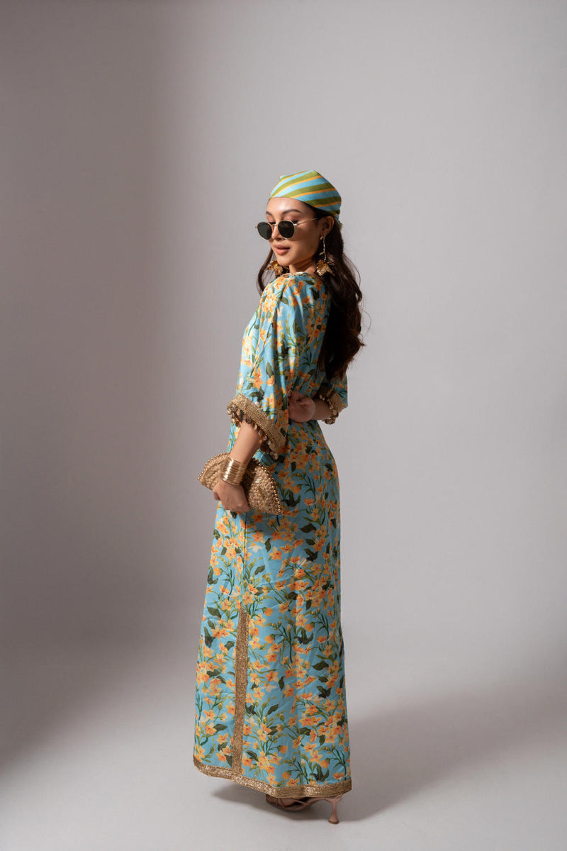 Linen digital print aqua kaftan dress-Aqua and yellow linen Buy Linen digital print aqua kaftan dress-Aqua and yellow from C&W | Tunics And Kaftan for Women by Maison Shefali for women in Singapore