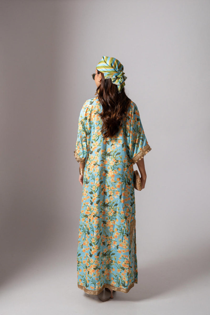 Linen digital print aqua kaftan dress-Aqua and yellow linen Buy Linen digital print aqua kaftan dress-Aqua and yellow from C&W | Tunics And Kaftan for Women by Maison Shefali for women in Singapore
