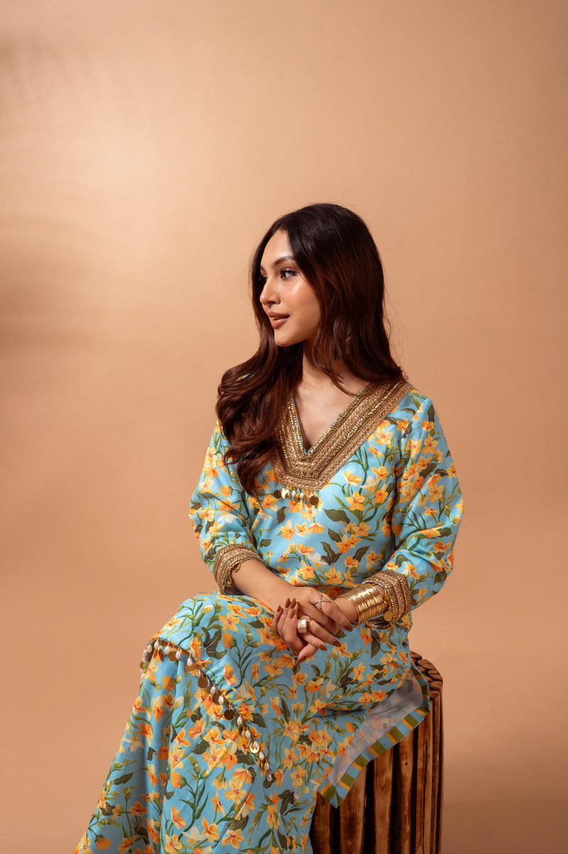 Linen digital print aqua kali sharara set linen Buy Linen digital print aqua kali sharara set from C&W | Kurta/Kurta Sets for Women by Maison Shefali for women in Singapore