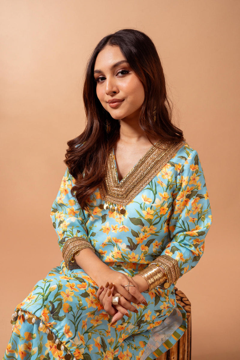 Linen digital print aqua kali sharara set linen Buy Linen digital print aqua kali sharara set from C&W | Kurta/Kurta Sets for Women by Maison Shefali for women in Singapore