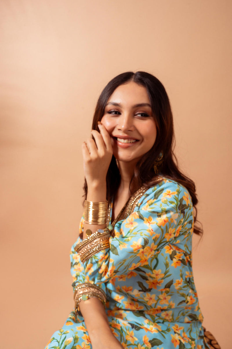 Linen digital print aqua kali sharara set linen Buy Linen digital print aqua kali sharara set from C&W | Kurta/Kurta Sets for Women by Maison Shefali for women in Singapore