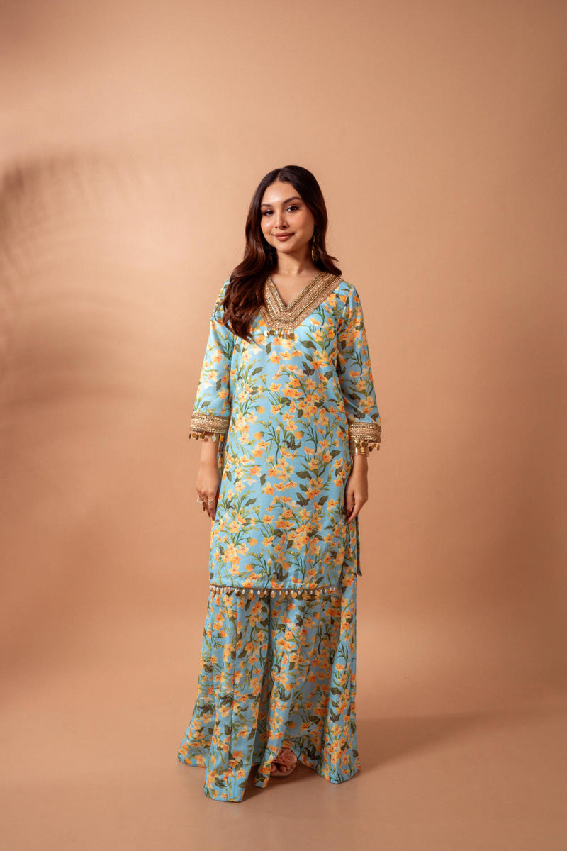 Linen digital print aqua kali sharara set linen Buy Linen digital print aqua kali sharara set from C&W | Kurta/Kurta Sets for Women by Maison Shefali for women in Singapore