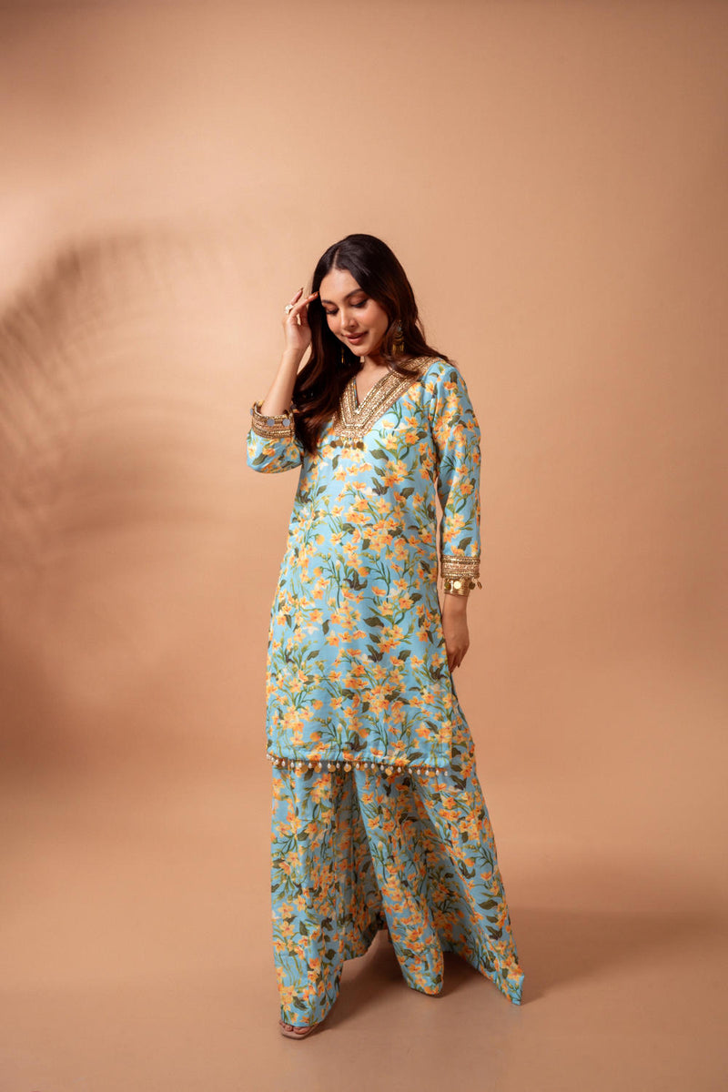 Linen digital print aqua kali sharara set linen Buy Linen digital print aqua kali sharara set from C&W | Kurta/Kurta Sets for Women by Maison Shefali for women in Singapore