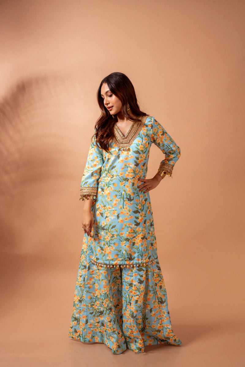 Linen digital print aqua kali sharara set linen Buy Linen digital print aqua kali sharara set from C&W | Kurta/Kurta Sets for Women by Maison Shefali for women in Singapore
