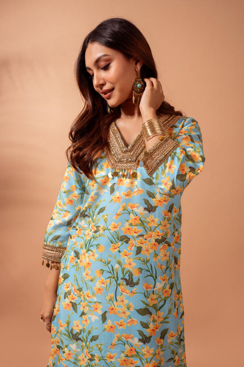 Linen digital print aqua kali sharara set linen Buy Linen digital print aqua kali sharara set from C&W | Kurta/Kurta Sets for Women by Maison Shefali for women in Singapore