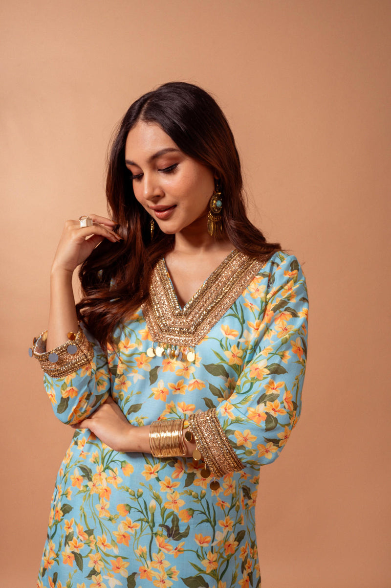 Linen digital print aqua kali sharara set linen Buy Linen digital print aqua kali sharara set from C&W | Kurta/Kurta Sets for Women by Maison Shefali for women in Singapore