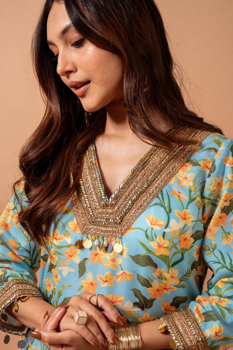 Linen digital print aqua kali sharara set linen Buy Linen digital print aqua kali sharara set from C&W | Kurta/Kurta Sets for Women by Maison Shefali for women in Singapore