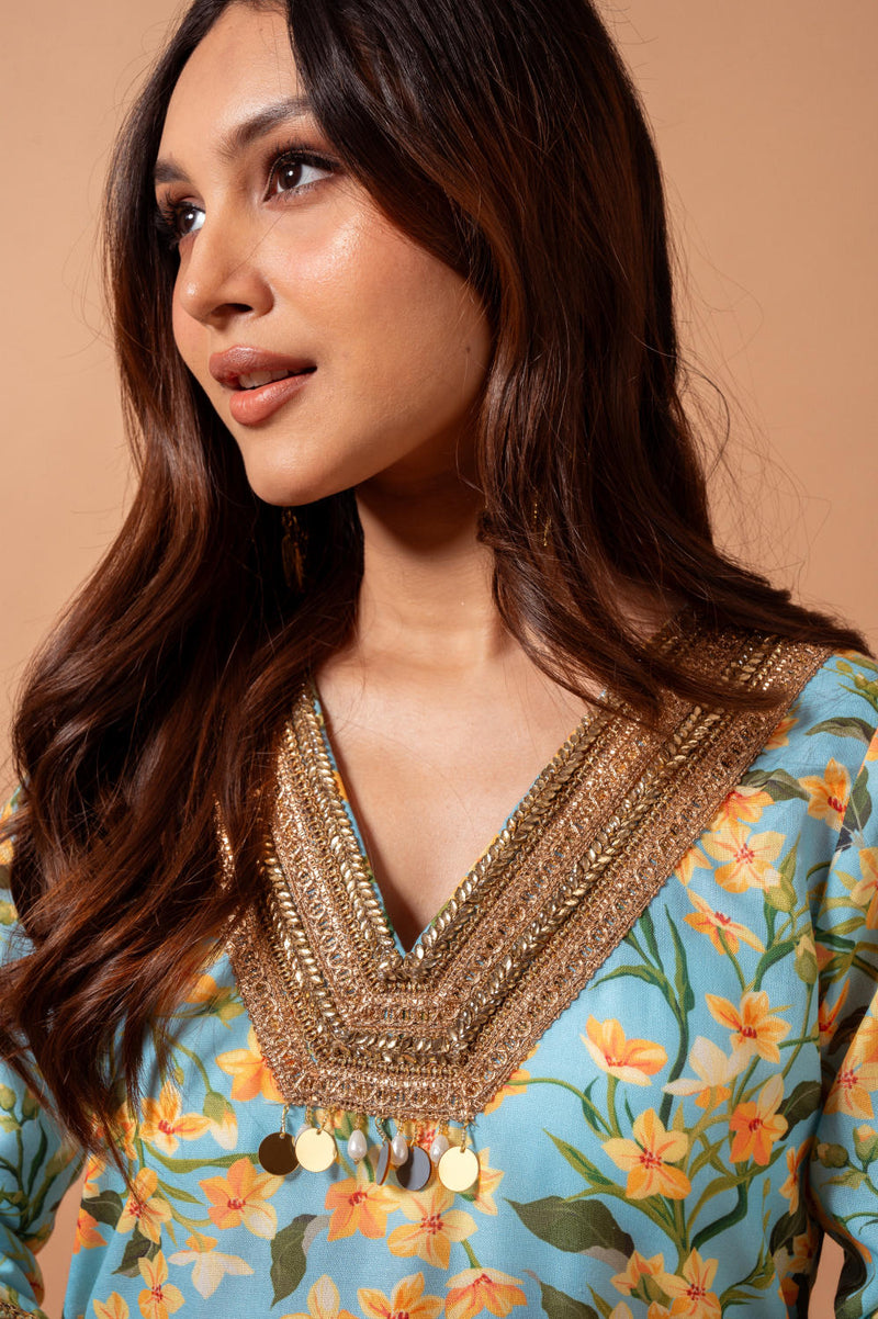 Linen digital print aqua kali sharara set linen Buy Linen digital print aqua kali sharara set from C&W | Kurta/Kurta Sets for Women by Maison Shefali for women in Singapore