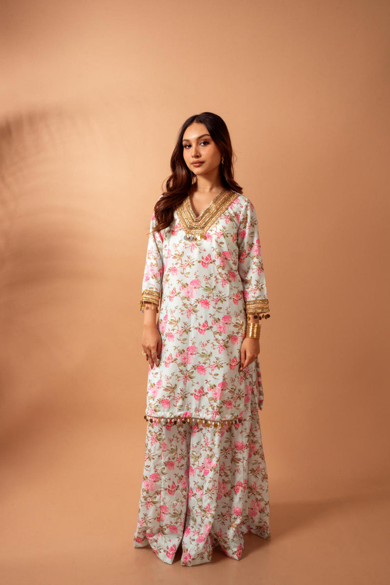 Linen digital print kali sharara set-Aqua agreen linen Buy Linen digital print kali sharara set-Aqua agreen from C&W | Kurta/Kurta Sets for Women by Maison Shefali for women in Singapore
