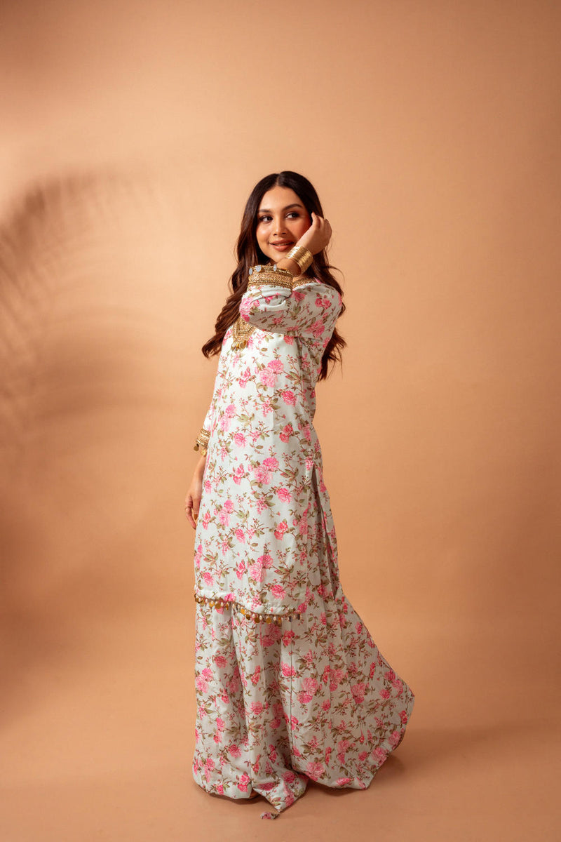 Linen digital print kali sharara set-Aqua agreen linen Buy Linen digital print kali sharara set-Aqua agreen from C&W | Kurta/Kurta Sets for Women by Maison Shefali for women in Singapore