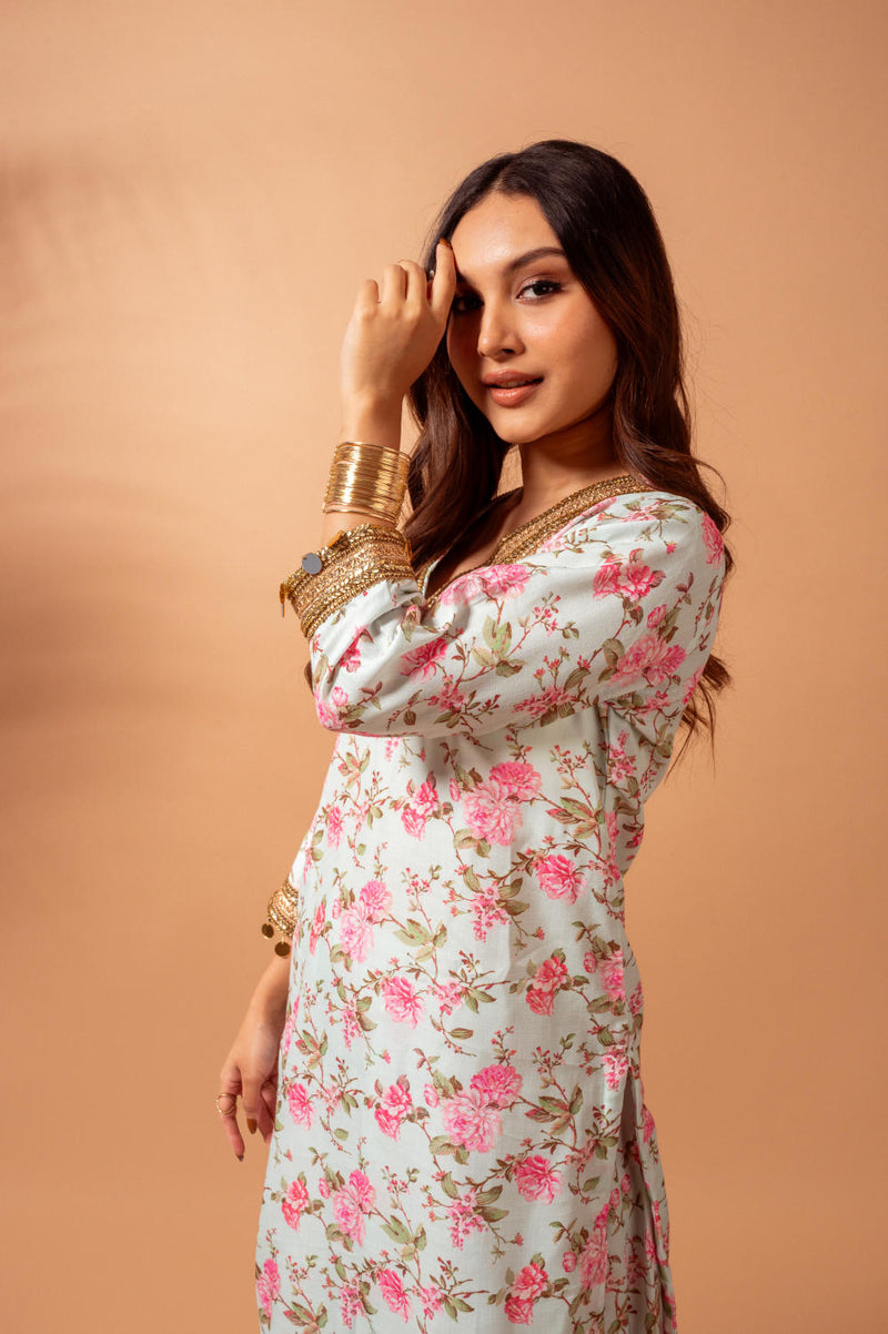 Linen digital print kali sharara set-Aqua agreen linen Buy Linen digital print kali sharara set-Aqua agreen from C&W | Kurta/Kurta Sets for Women by Maison Shefali for women in Singapore