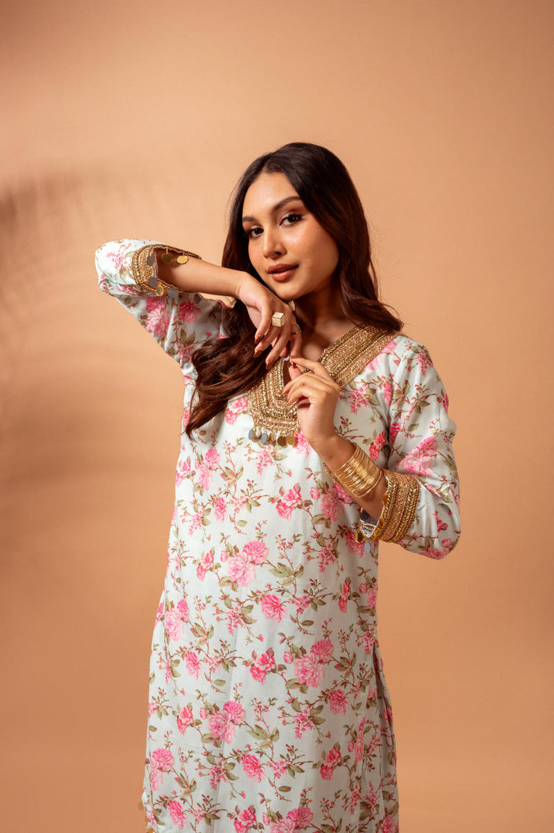 Linen digital print kali sharara set-Aqua agreen linen Buy Linen digital print kali sharara set-Aqua agreen from C&W | Kurta/Kurta Sets for Women by Maison Shefali for women in Singapore