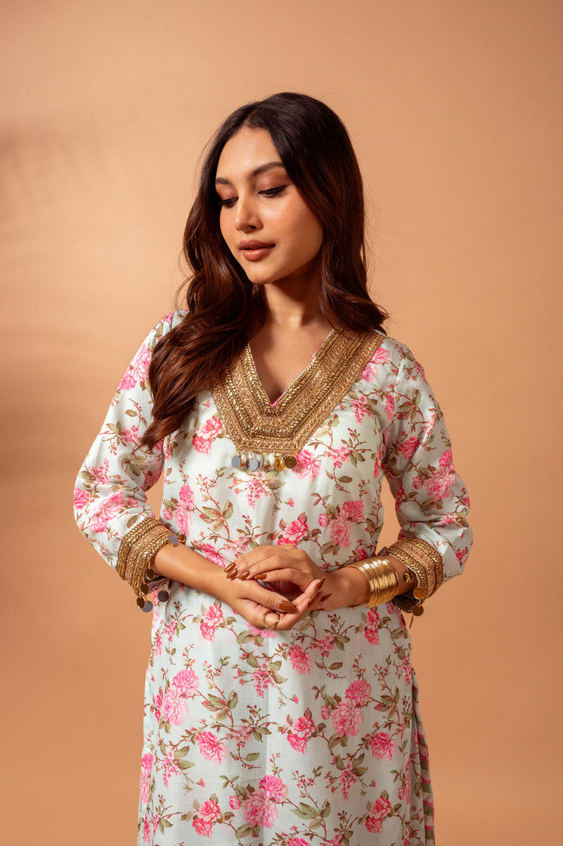 Linen digital print kali sharara set-Aqua agreen linen Buy Linen digital print kali sharara set-Aqua agreen from C&W | Kurta/Kurta Sets for Women by Maison Shefali for women in Singapore