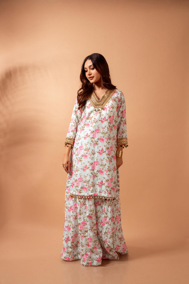 Linen digital print kali sharara set-Aqua agreen linen Buy Linen digital print kali sharara set-Aqua agreen from C&W | Kurta/Kurta Sets for Women by Maison Shefali for women in Singapore