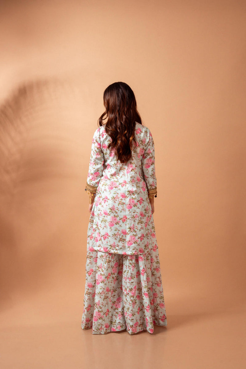 Linen digital print kali sharara set-Aqua agreen linen Buy Linen digital print kali sharara set-Aqua agreen from C&W | Kurta/Kurta Sets for Women by Maison Shefali for women in Singapore