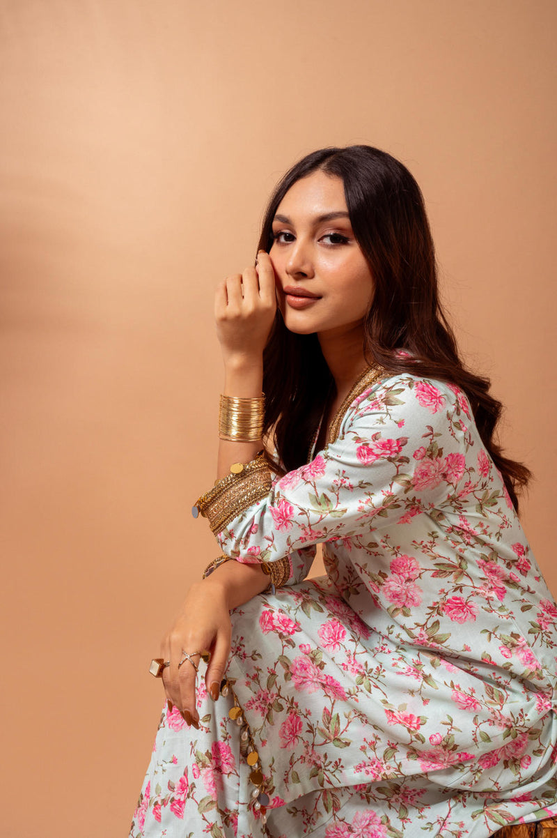 Linen digital print kali sharara set-Aqua agreen linen Buy Linen digital print kali sharara set-Aqua agreen from C&W | Kurta/Kurta Sets for Women by Maison Shefali for women in Singapore