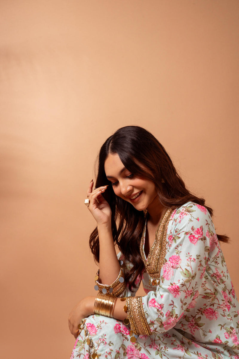 Linen digital print kali sharara set-Aqua agreen linen Buy Linen digital print kali sharara set-Aqua agreen from C&W | Kurta/Kurta Sets for Women by Maison Shefali for women in Singapore