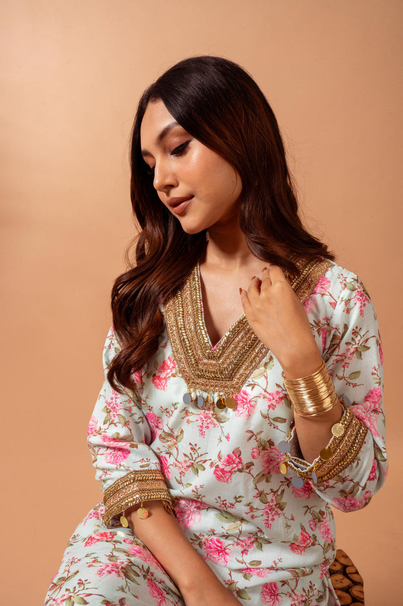 Linen digital print kali sharara set-Aqua agreen linen Buy Linen digital print kali sharara set-Aqua agreen from C&W | Kurta/Kurta Sets for Women by Maison Shefali for women in Singapore