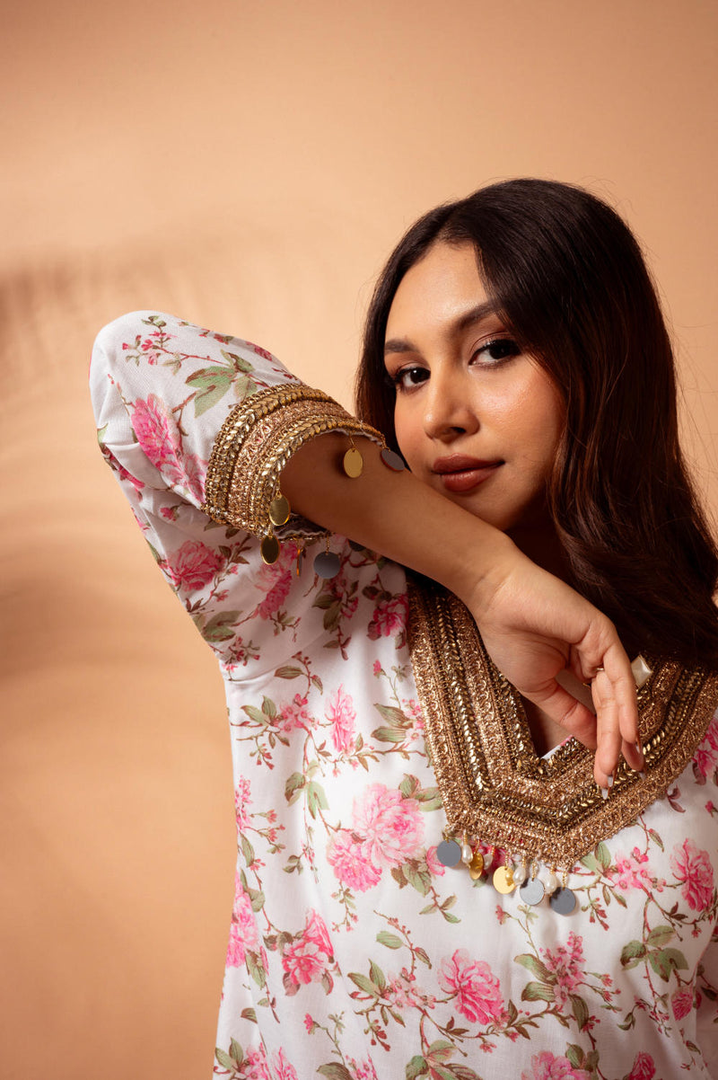 Linen digital print white kali sharara set linen Buy Linen digital print white kali sharara set from C&W | Kurta/Kurta Sets for Women by Maison Shefali for women in Singapore