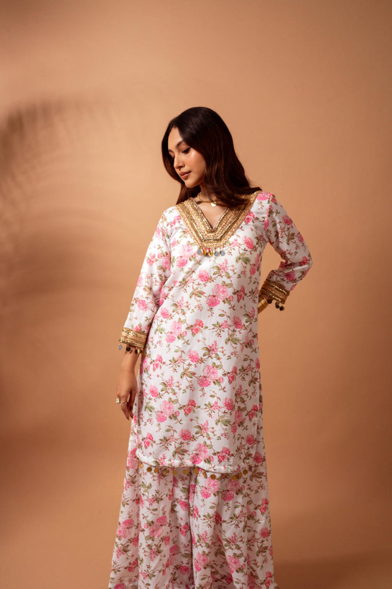Linen digital print white kali sharara set linen Buy Linen digital print white kali sharara set from C&W | Kurta/Kurta Sets for Women by Maison Shefali for women in Singapore