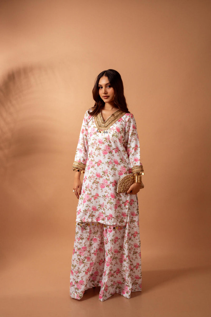 Linen digital print white kali sharara set linen Buy Linen digital print white kali sharara set from C&W | Kurta/Kurta Sets for Women by Maison Shefali for women in Singapore