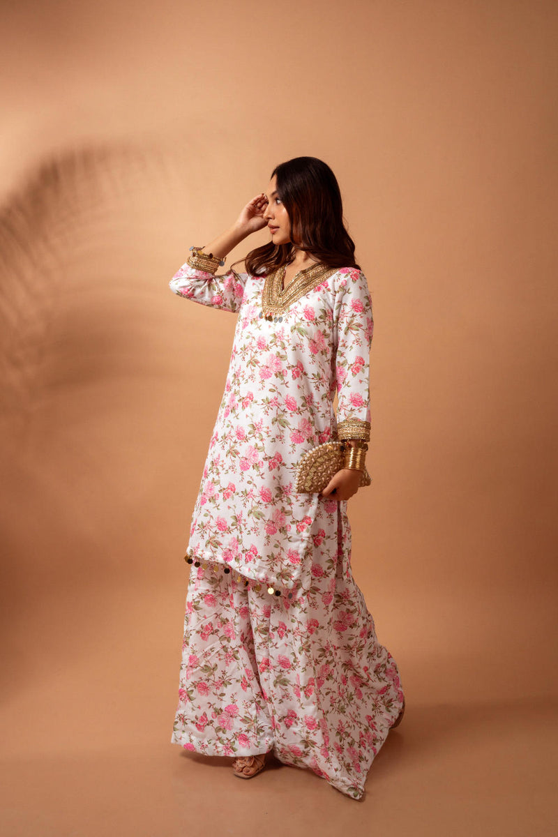 Linen digital print white kali sharara set linen Buy Linen digital print white kali sharara set from C&W | Kurta/Kurta Sets for Women by Maison Shefali for women in Singapore