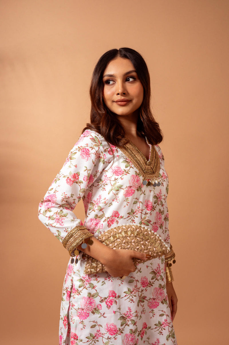 Linen digital print white kali sharara set linen Buy Linen digital print white kali sharara set from C&W | Kurta/Kurta Sets for Women by Maison Shefali for women in Singapore