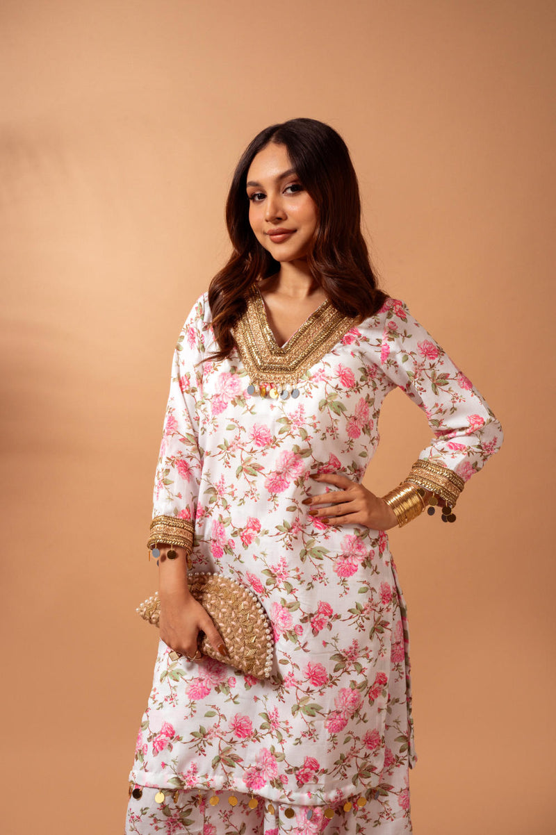 Linen digital print white kali sharara set linen Buy Linen digital print white kali sharara set from C&W | Kurta/Kurta Sets for Women by Maison Shefali for women in Singapore