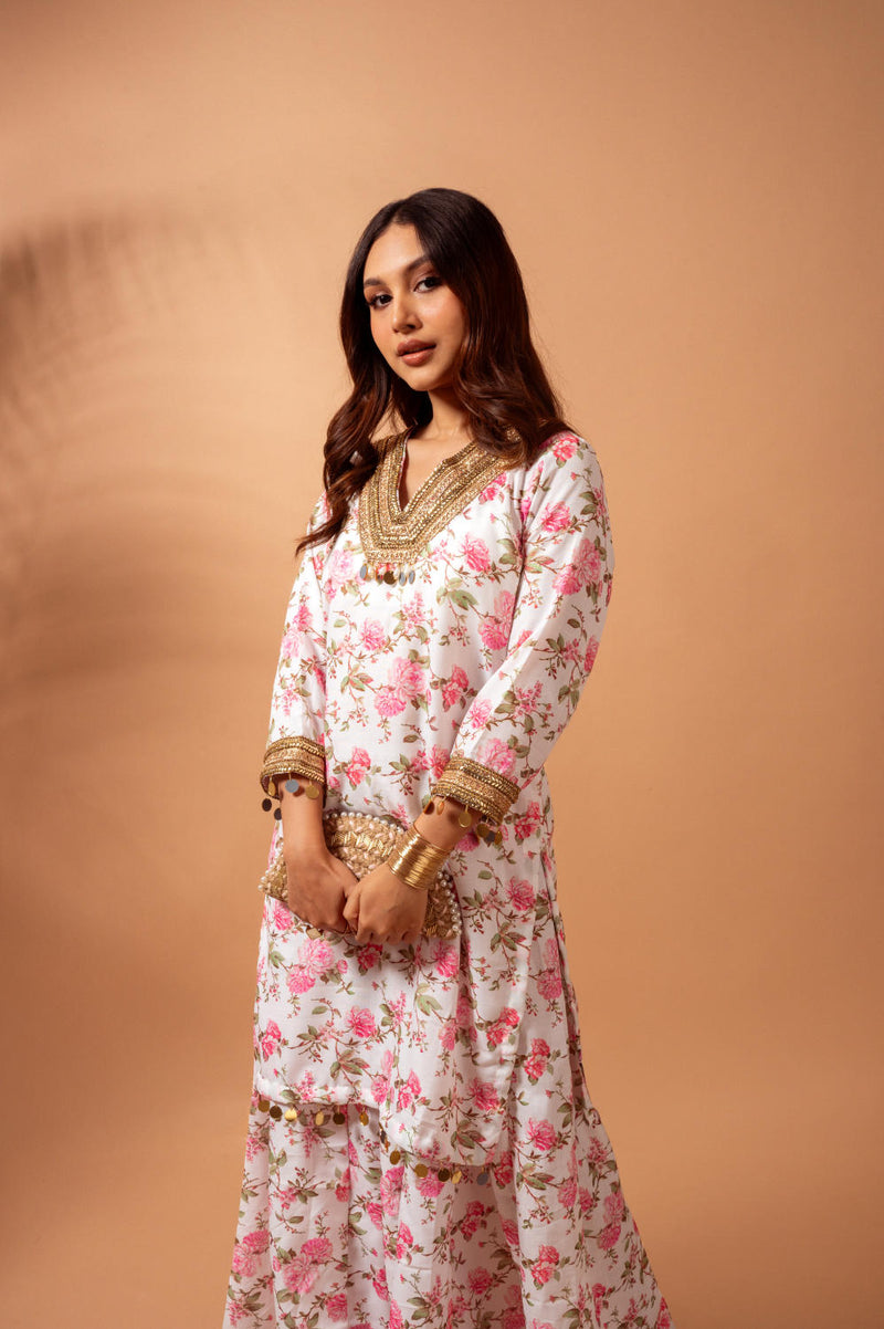 Linen digital print white kali sharara set linen Buy Linen digital print white kali sharara set from C&W | Kurta/Kurta Sets for Women by Maison Shefali for women in Singapore