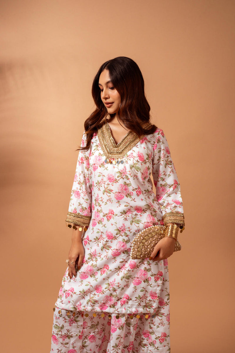 Linen digital print white kali sharara set linen Buy Linen digital print white kali sharara set from C&W | Kurta/Kurta Sets for Women by Maison Shefali for women in Singapore