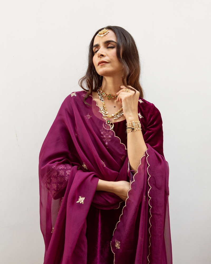 Zeya - Velvet Embroidered Suit Set Buy Zeya - Velvet Embroidered Suit Set from C&W | Kurta/Kurta Sets for Women by Maison Shefali in purple color for women in Singapore