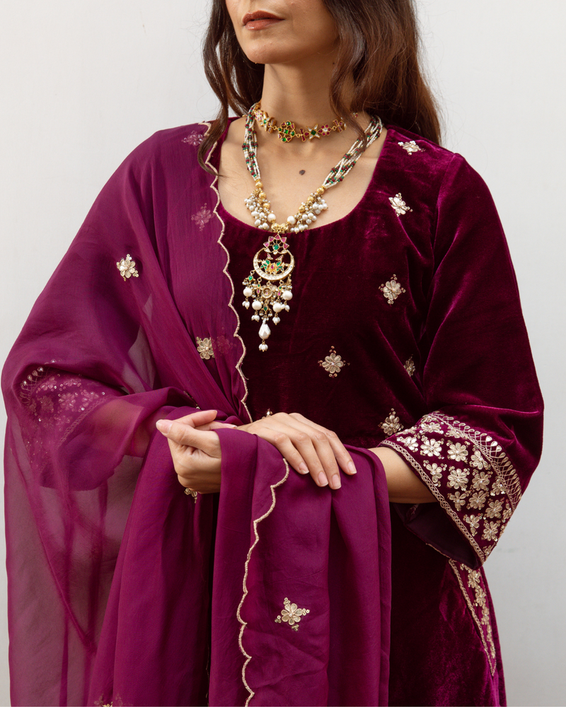 Zeya - Velvet Embroidered Suit Set Buy Zeya - Velvet Embroidered Suit Set from C&W | Kurta/Kurta Sets for Women by Maison Shefali in purple color for women in Singapore