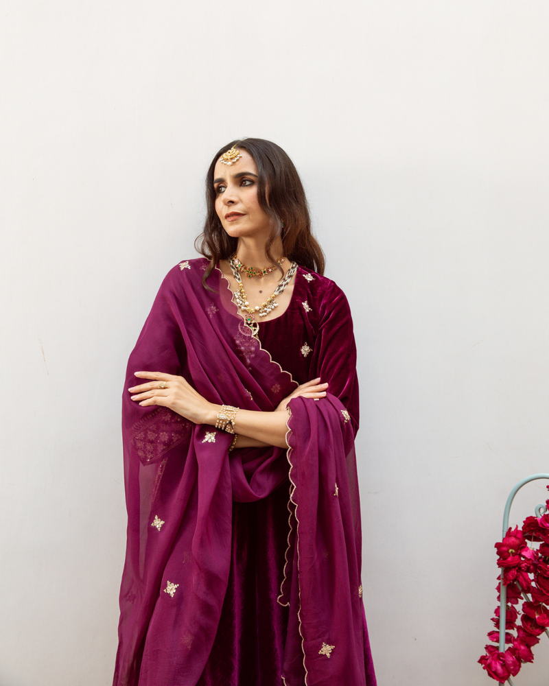 Zeya - Velvet Embroidered Suit Set Buy Zeya - Velvet Embroidered Suit Set from C&W | Kurta/Kurta Sets for Women by Maison Shefali in purple color for women in Singapore