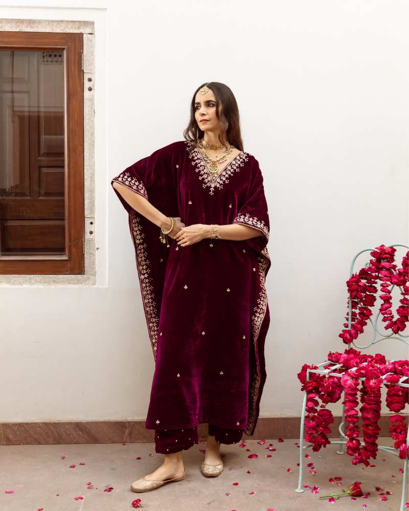 Ibtida - Velvet Embroidered Kaftan Set silk Buy Ibtida - Velvet Embroidered Kaftan Set from C&W | Kurta/Kurta Sets for Women by Maison Shefali in purple color for women in Singapore