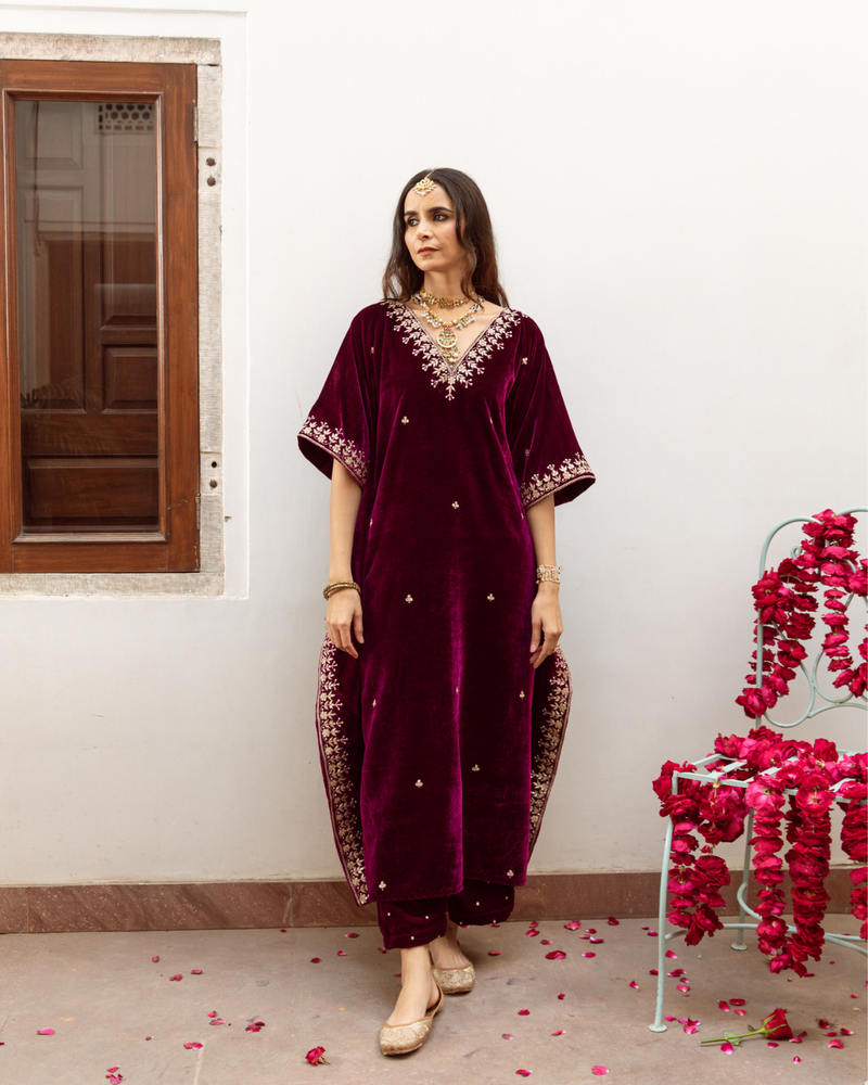 Ibtida - Velvet Embroidered Kaftan Set silk Buy Ibtida - Velvet Embroidered Kaftan Set from C&W | Kurta/Kurta Sets for Women by Maison Shefali in purple color for women in Singapore